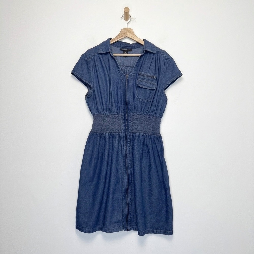 Ashley Stewart Denim Dress Size 18 Blue Short Sleeve Zip Smocked Waist Runs Sm